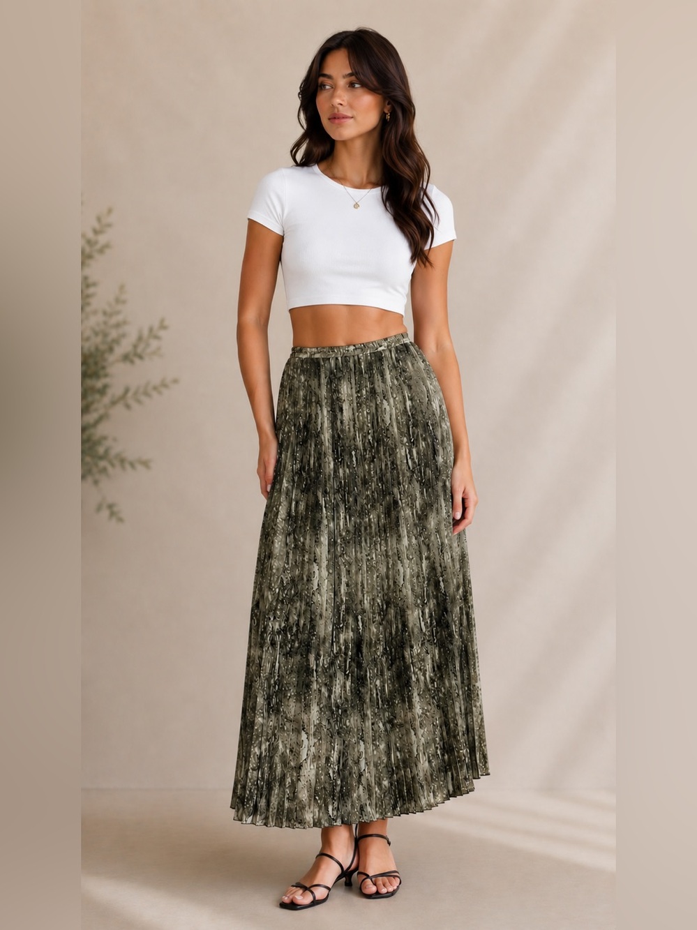 Michael Kors Olive Green Pleated Maxi Skirt
